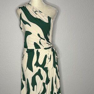 One-Shoulder Dress in Green and Cream Tropical Small